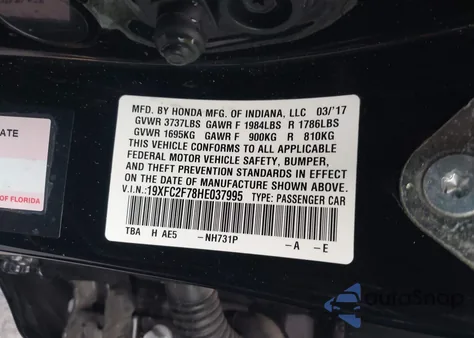 2017 Honda Civic Ex z USA, uszkodzony, nr VIN 19XFC2F78HE037995